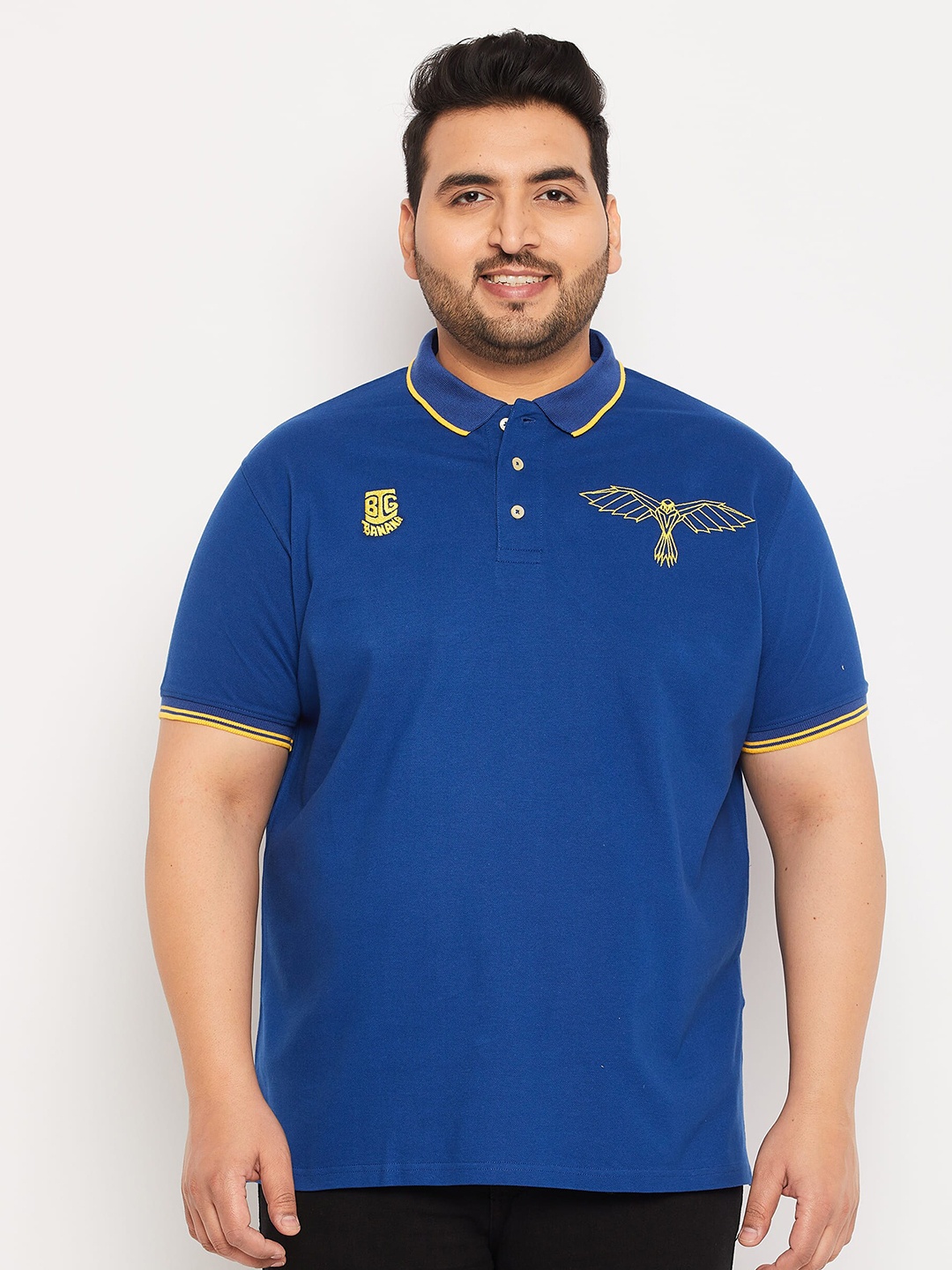 

bigbanana Plus Size Embroidered Polo Collar Bio Finish Pure Cotton T-Shirt, Blue