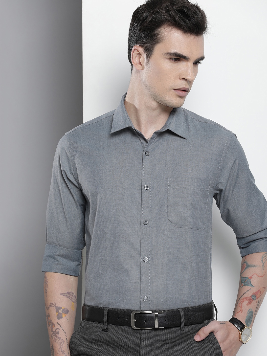 

The Indian Garage Co. X Luxe Men Slim Fit Cotton Formal Shirt, Charcoal