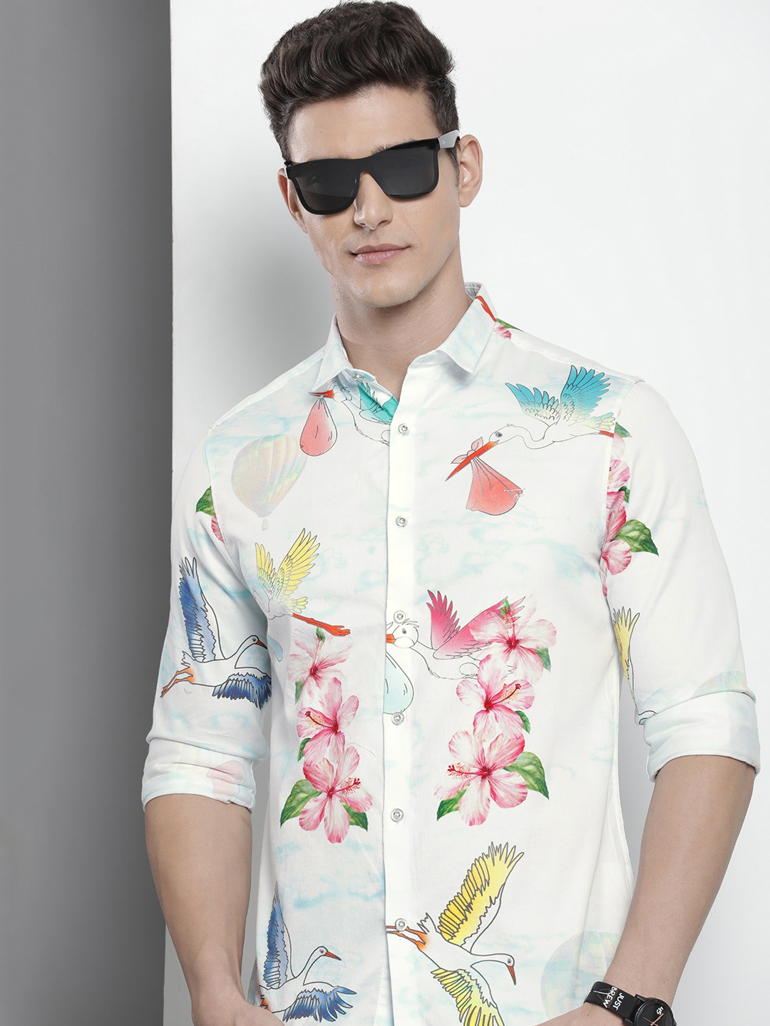 

The Indian Garage Co Men Slim Fit Floral Printed Cotton Casual Shirt, White