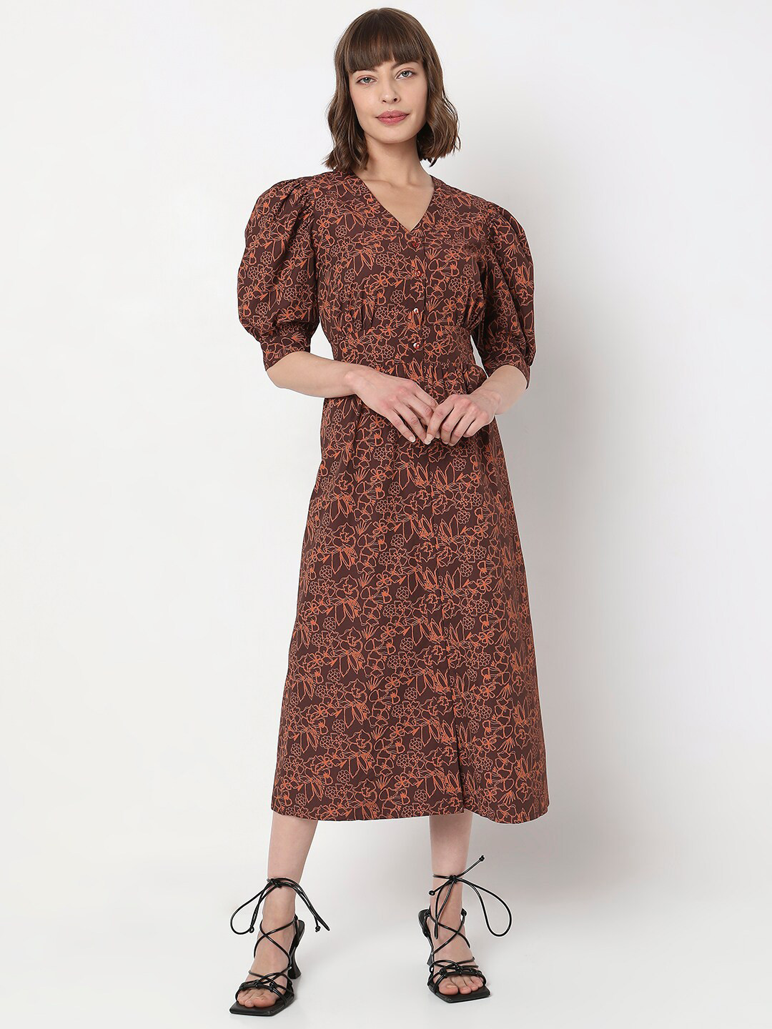 

Vero Moda Floral Printed Puff Sleeve A-Line Midi Dress, Brown