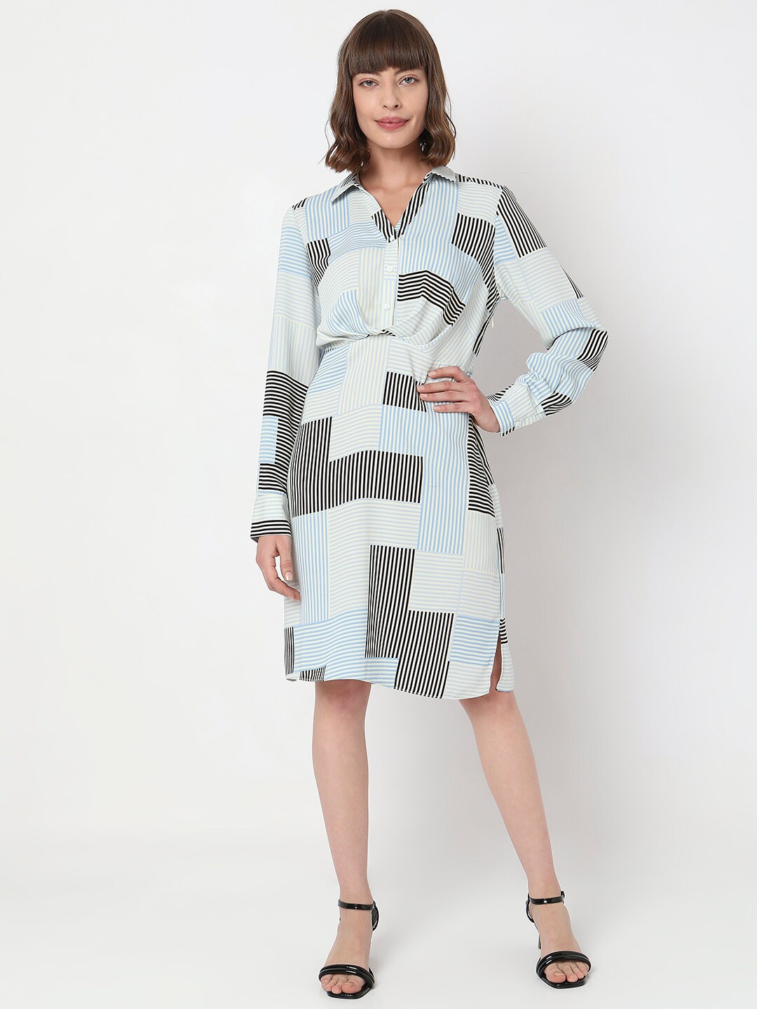 

Vero Moda Shirt Collar Striped Printed A-Line Dress, White
