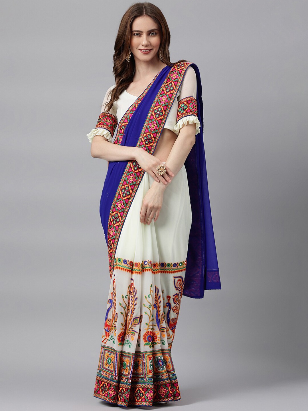 

RAJGRANTH White & Blue Floral Embroidered Pure Georgette Half and Half Saree