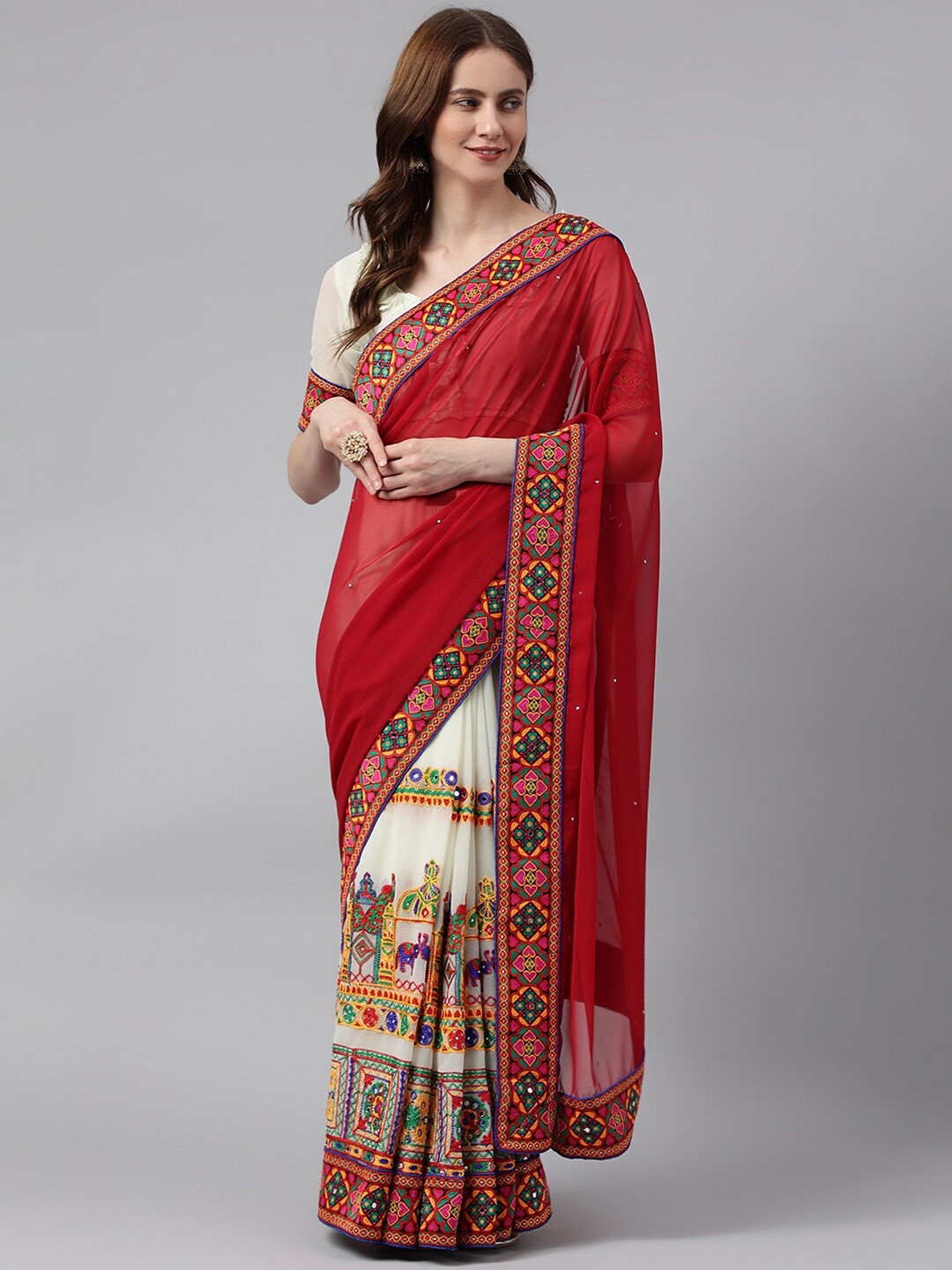 

RAJGRANTH Red & Off White Floral Embroidered Pure Georgette Half and Half Saree