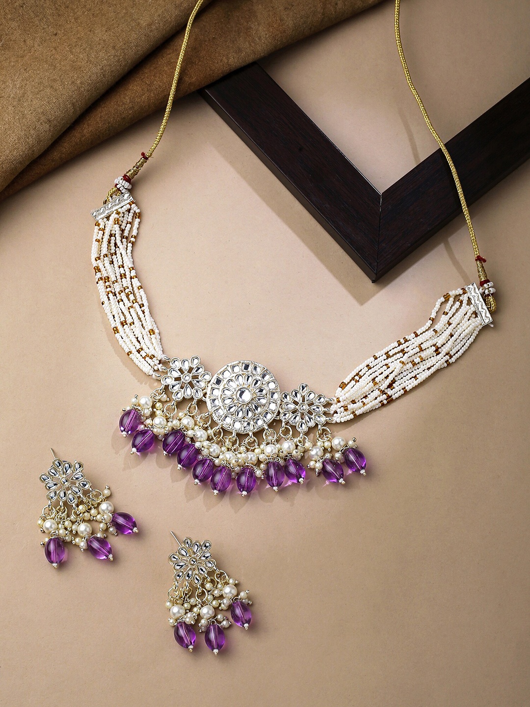 

Yellow Chimes Gold-Plated Kundan Studded & Beaded Necklace and Earrings
