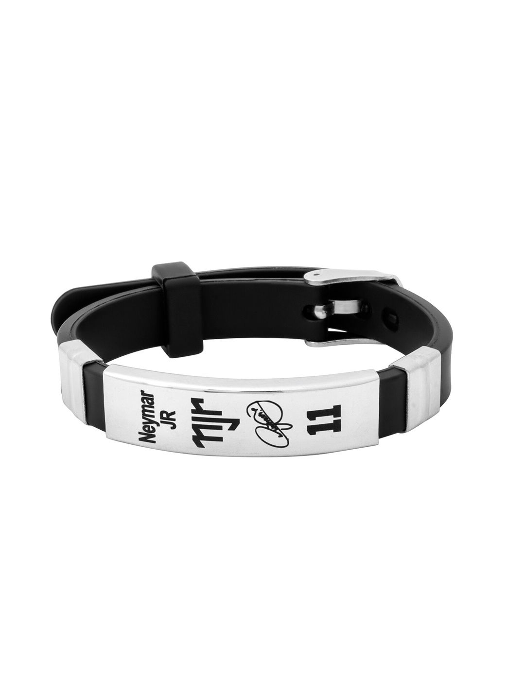 

Yellow Chimes Men Silver-Plated Engraved Leather Bracelet, Black