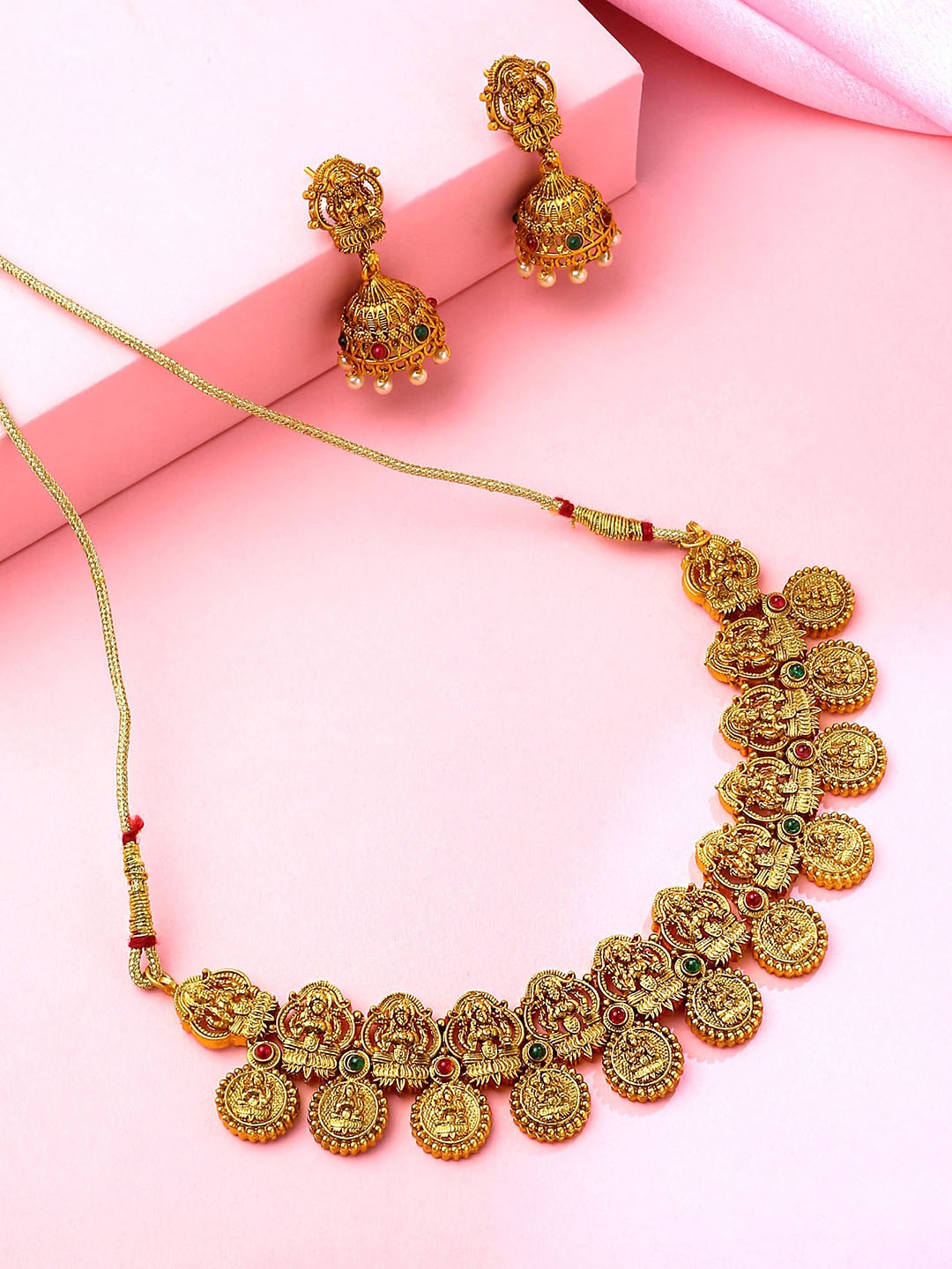 

Yellow Chimes Gold-Plated Stone Studded & Beaded Temple Necklace and Earrings