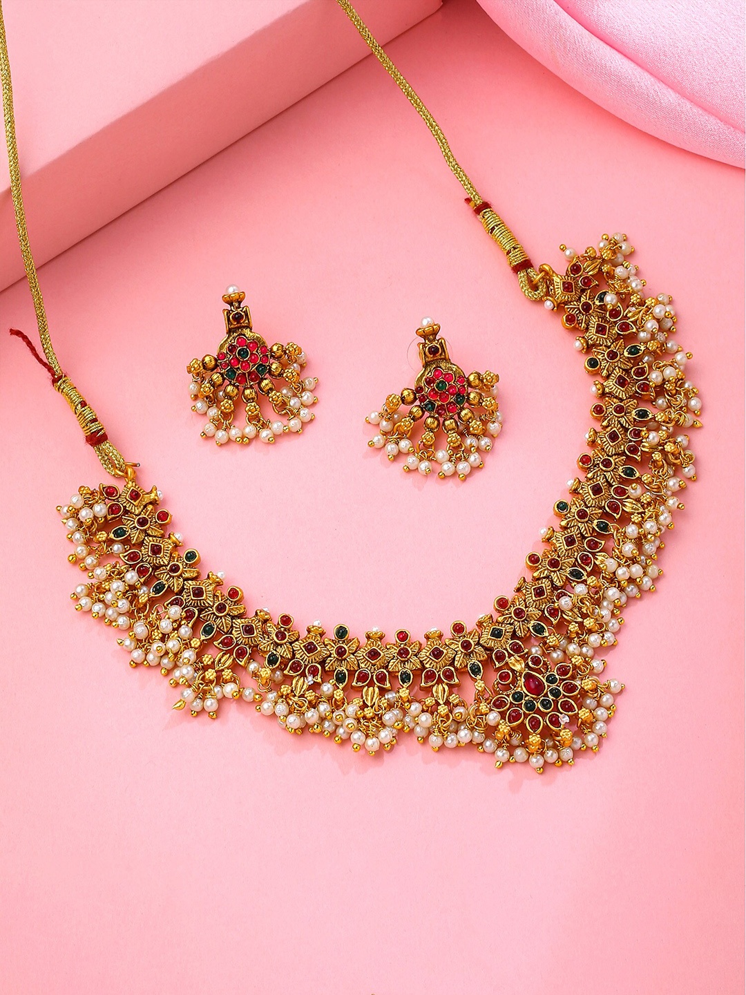 

Yellow Chimes Gold-Plated Stone Studded & Beaded Necklace and Earrings