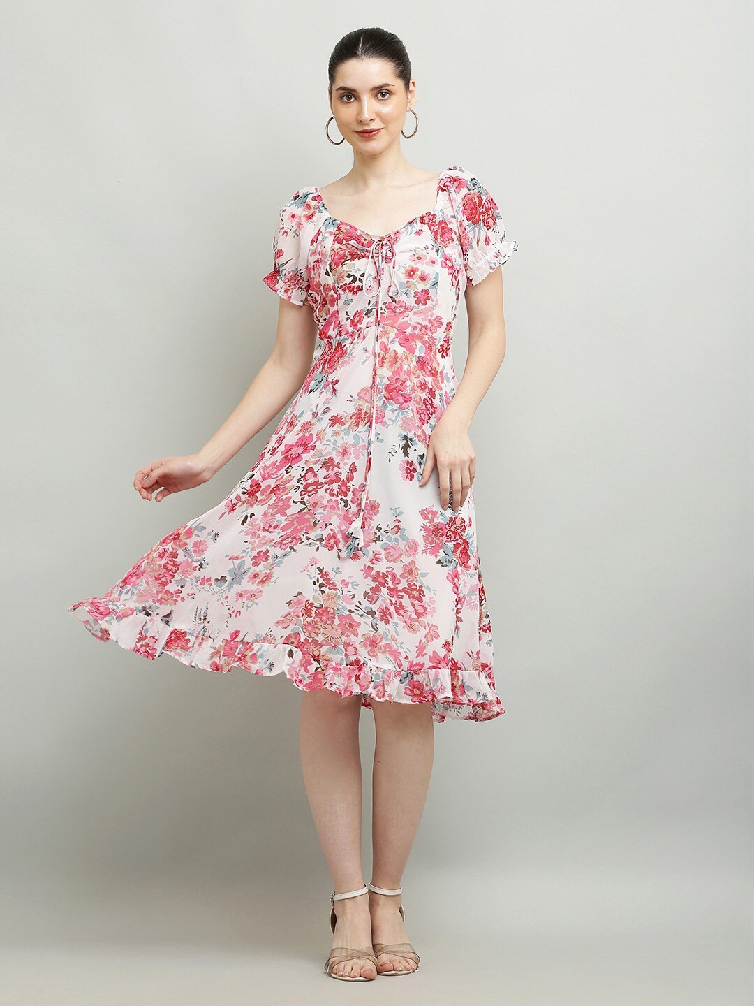 

Ashnaina Floral Print Ruffled Georgette Fit & Flare Dress, White
