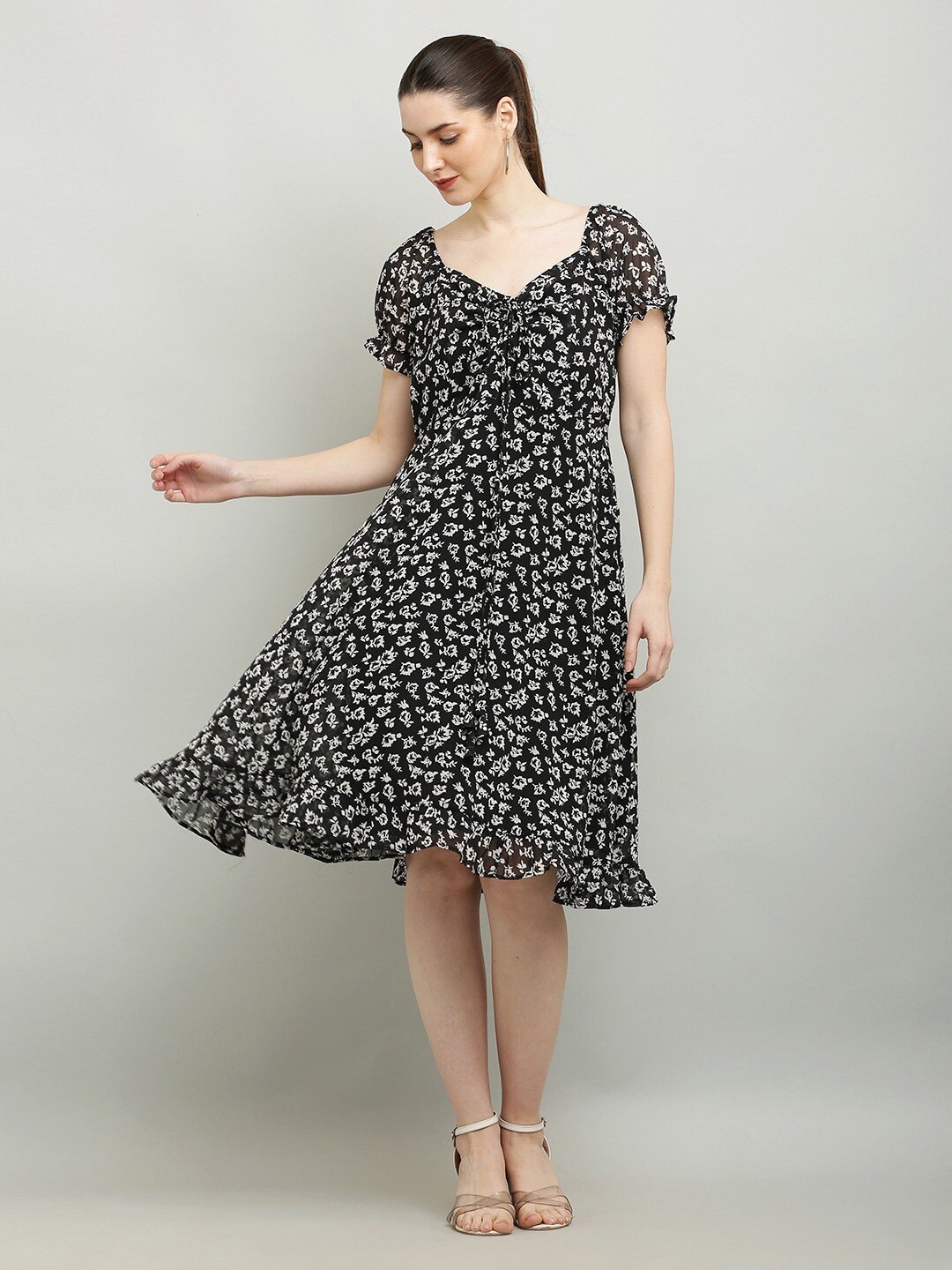 Ashnaina Floral Print Puff Sleeve Ruffled Georgette Fit & Flare Dress, Black