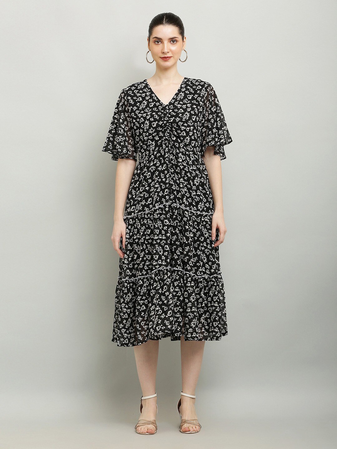 

Ashnaina Floral Print Flared Sleeve Ruffled Georgette Fit & Flare Midi Dress, Black