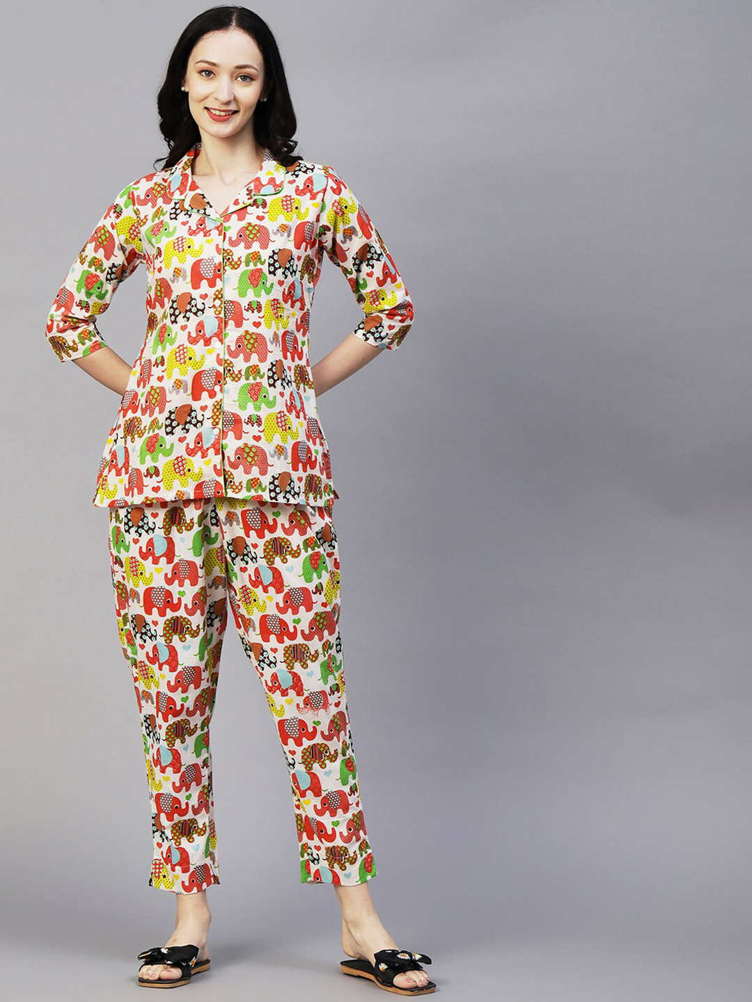 

FASHOR White & Green Conversational Printed Night Suit