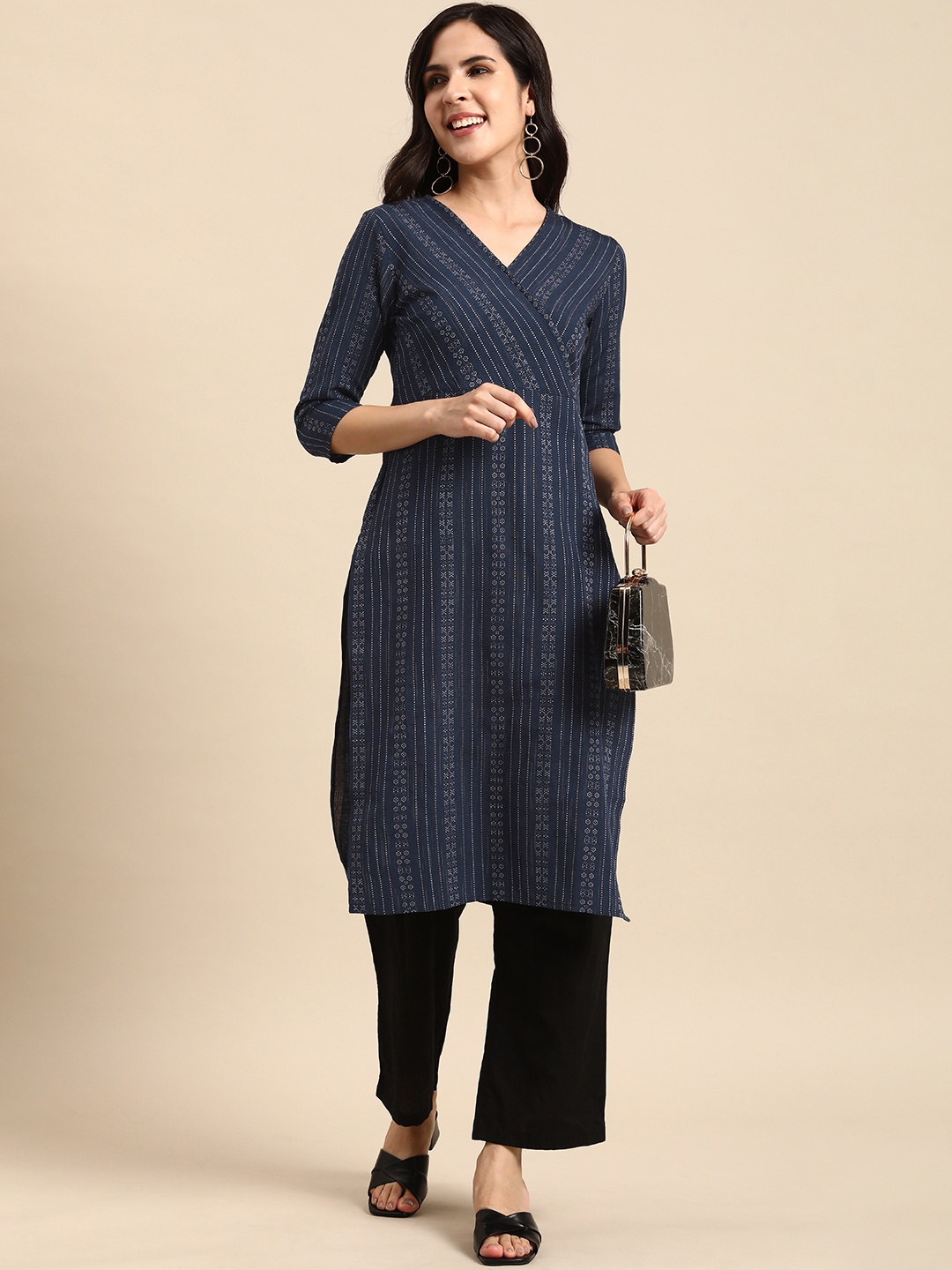 

Anouk Women Navy Blue Yoke Design Kurta