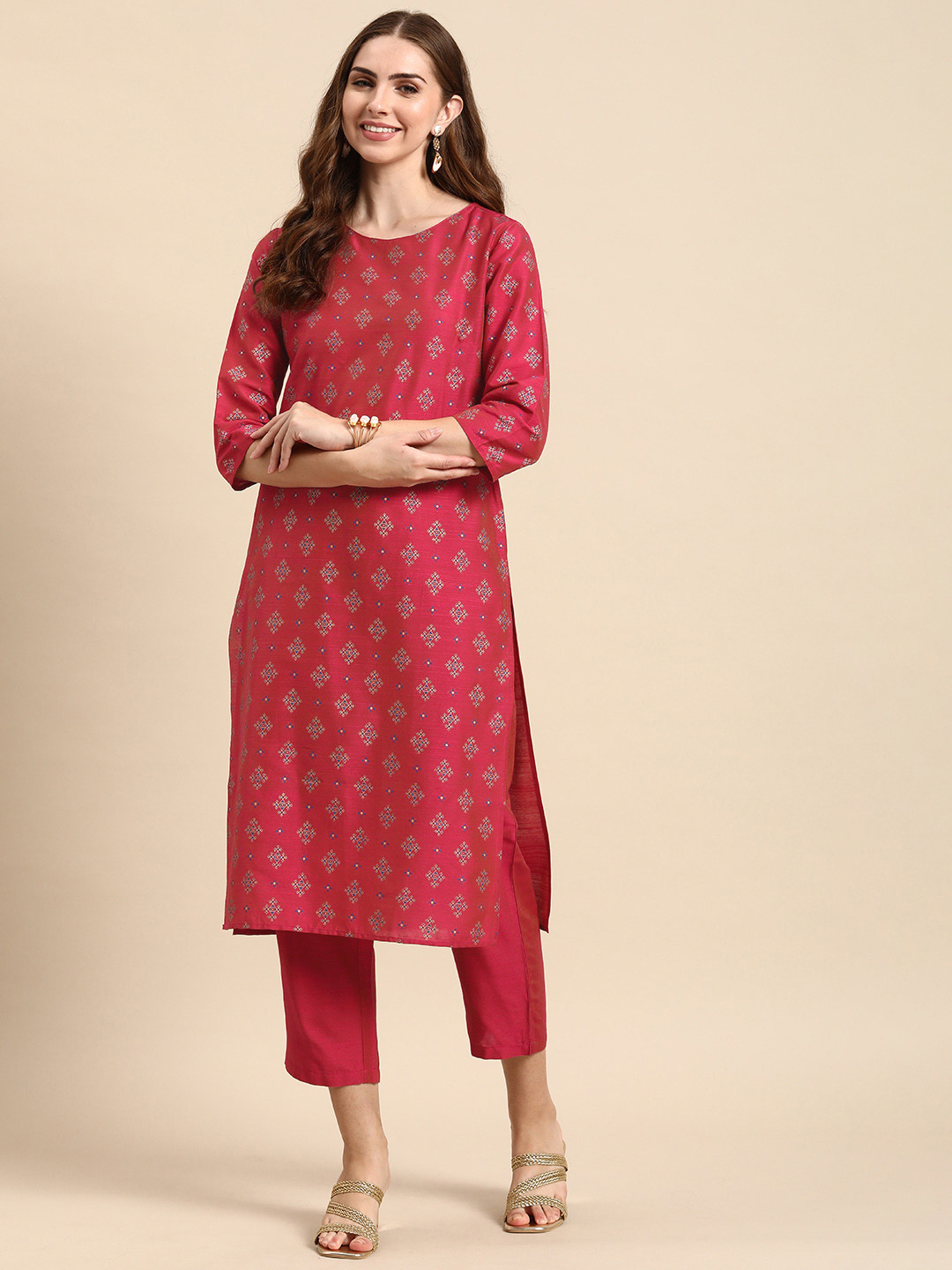 

Anouk Women Pink Printed Regular Kurta with Trousers