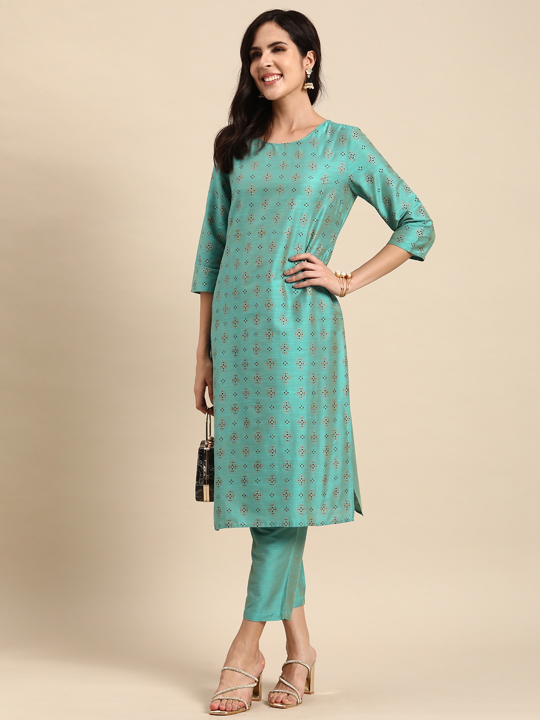 

Anouk Women Teal Printed Regular Kurta with Trousers