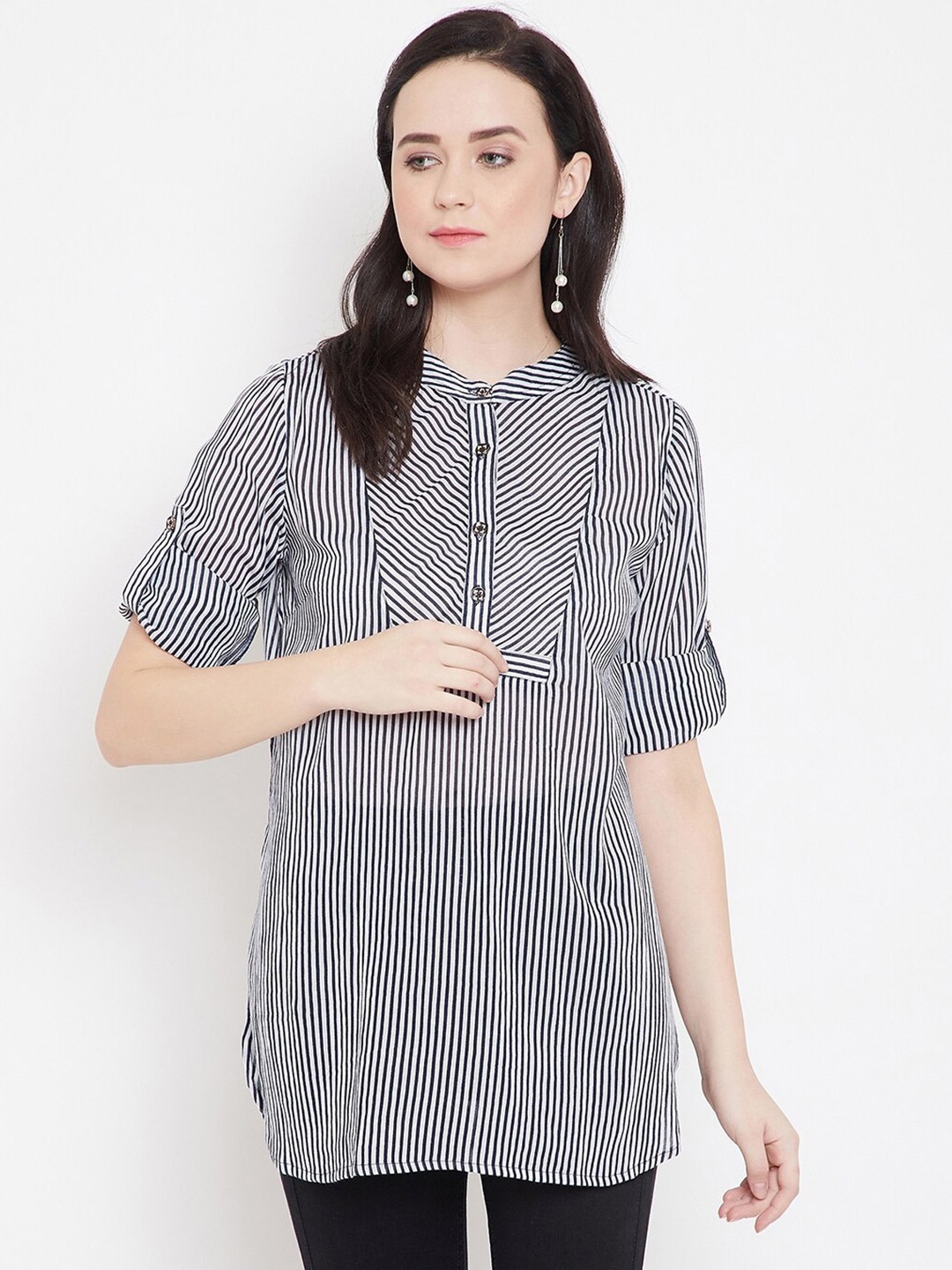 

Ruhaans Striped Band Collar Roll-Up Sleeves Cotton Shirt Style Top, White