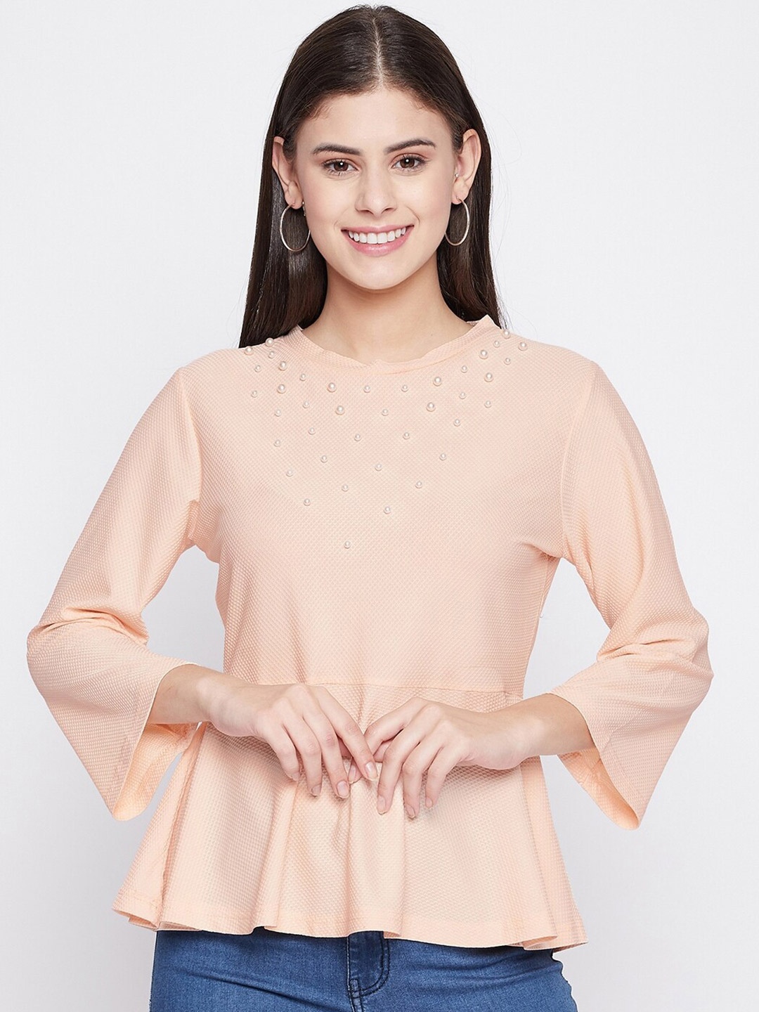 

Ruhaans Flared Sleeves Studded Peplum Top, Peach