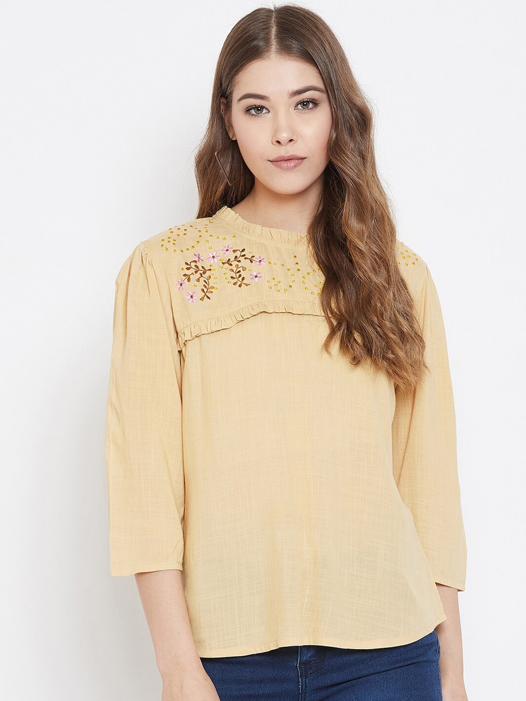

Ruhaans Floral Embroidered Round Neck Casual Top, Beige