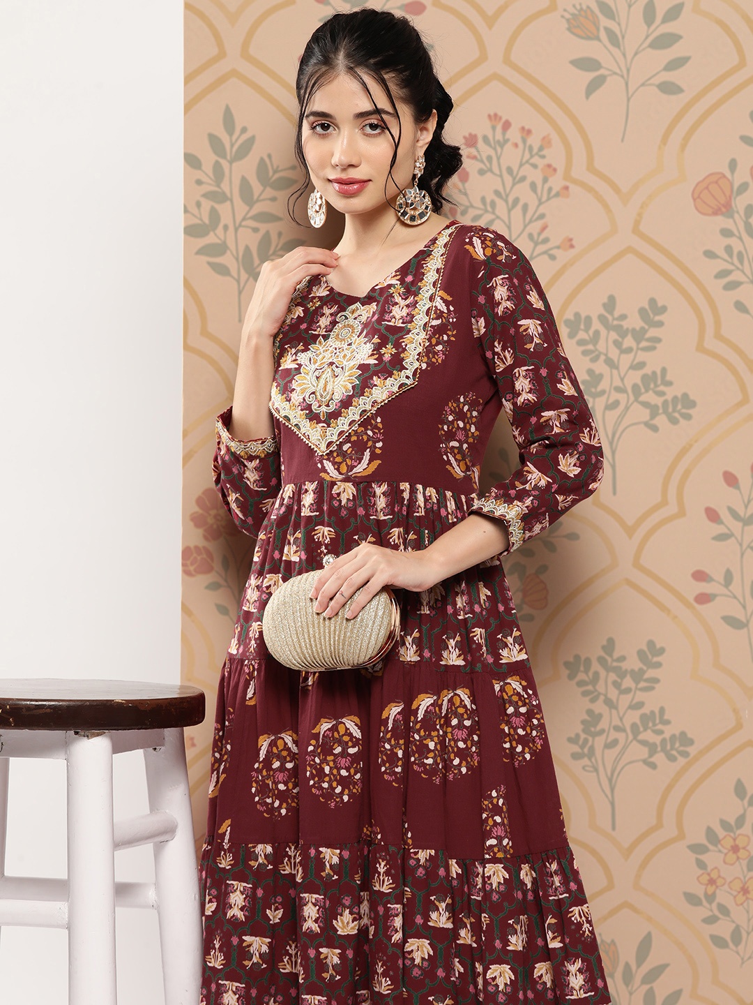 

Yufta Floral Embroidered A-Line Midi Dress, Maroon