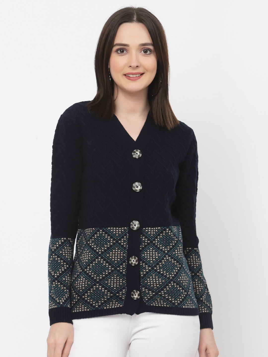 

Kalt V-Neck Self Design Acrylic Cardigan Sweater, Navy blue