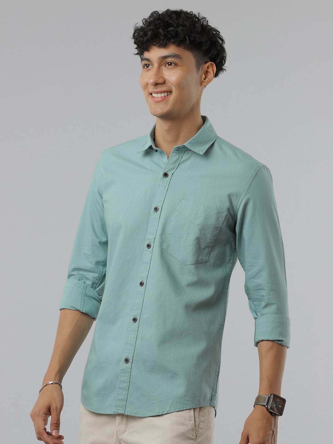 

FOGA Spread Collar Pure Cotton Casual Shirt, Green