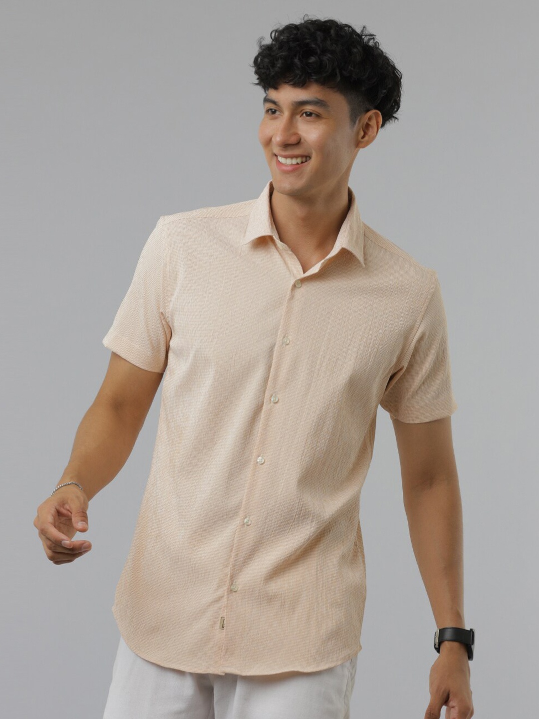 

FOGA Micro Checks Pure Cotton Casual Shirt, Beige