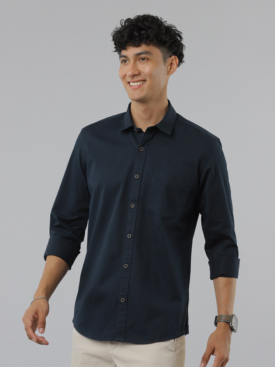 

FOGA New Spread Collar Twill Pure Cotton Casual Shirt, Navy blue