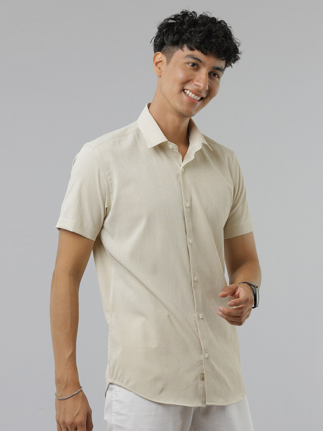 

FOGA New Micro Checked Spread Collar Pure Cotton Casual Shirt, Cream