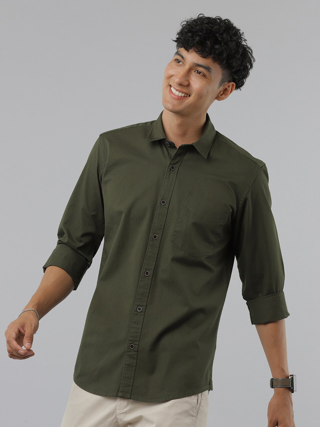 

FOGA Spread Collar Pure Cotton Casual Shirt, Olive