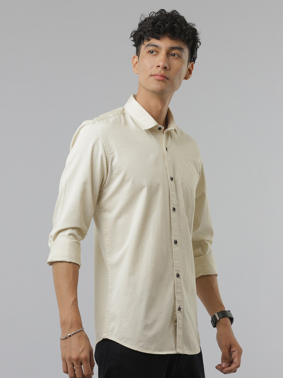 

FOGA Spread Collar Pure Cotton Casual Shirt, Beige