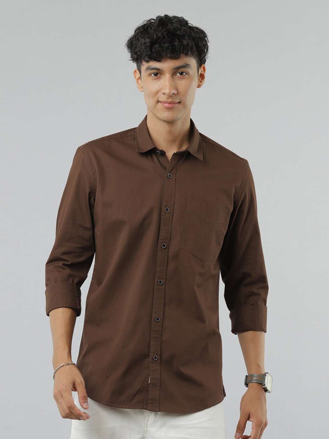 

FOGA New Spread Collar Twill Pure Cotton Casual Shirt, Brown
