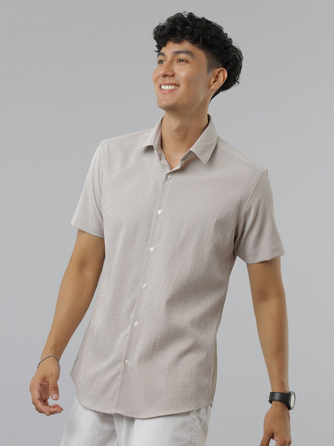 

FOGA New Micro Checked Spread Collar Pure Cotton Casual Shirt, Brown