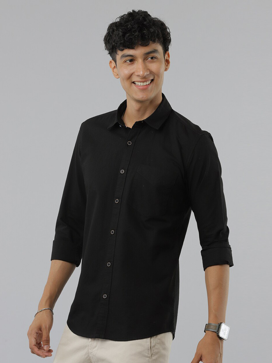 

FOGA New Spread Collar Pure Cotton Casual Shirt, Black