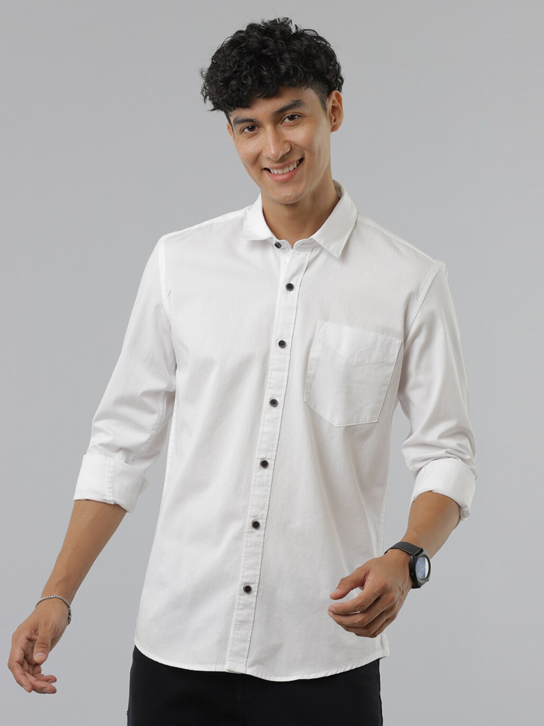 

FOGA Spread Collar Pure Cotton Casual Shirt, White