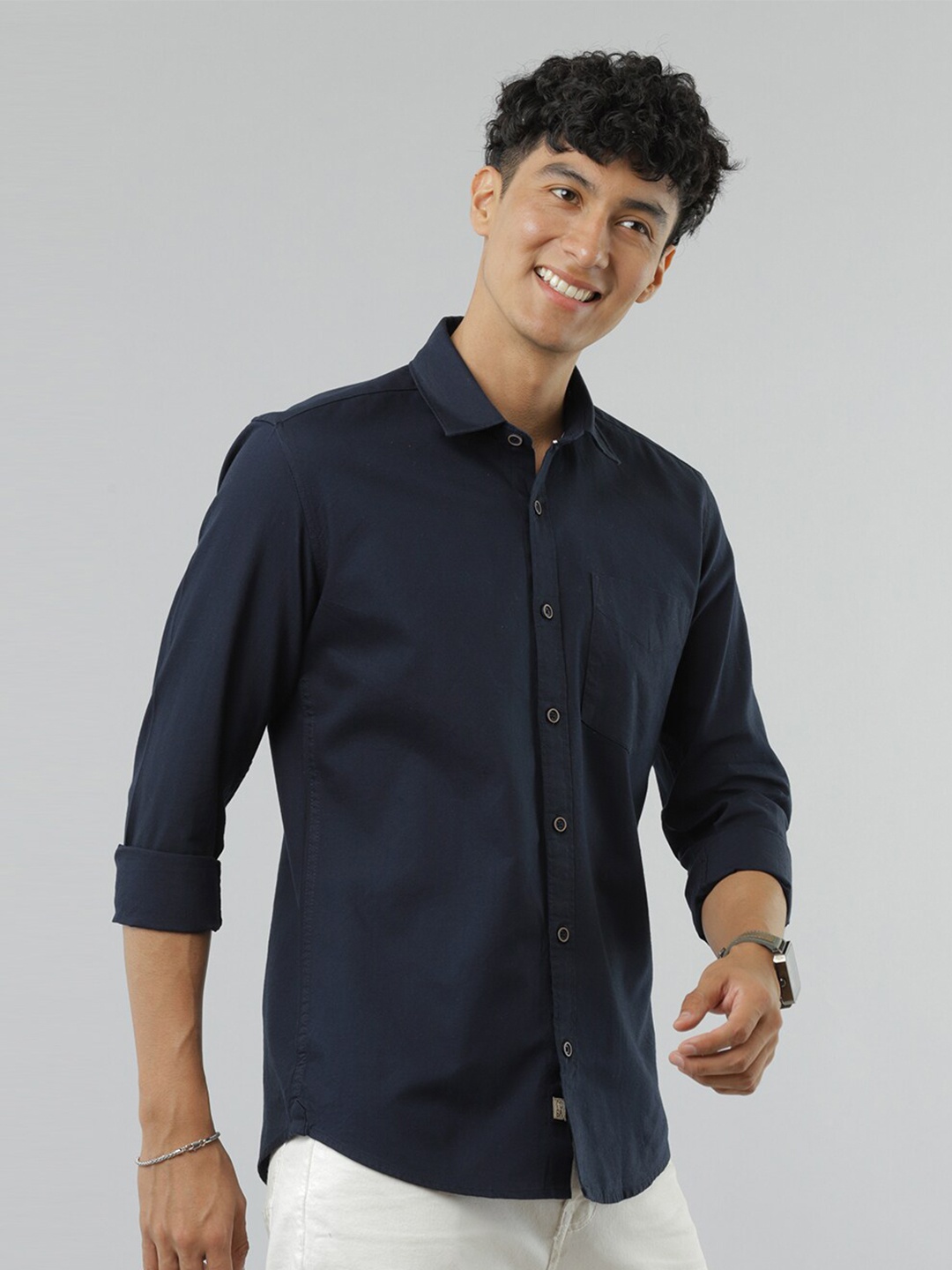 

FOGA Spread Collar Pure Cotton Casual Shirt, Navy blue