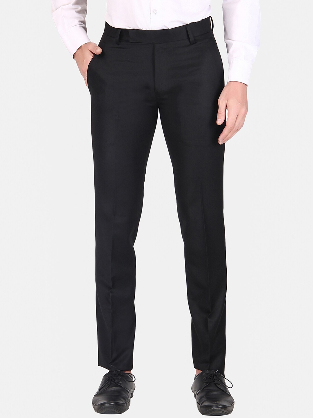 

TrulyFeb Men Mid Rise Plain Knitted Cotton Slim Fit Formal Trousers, Black