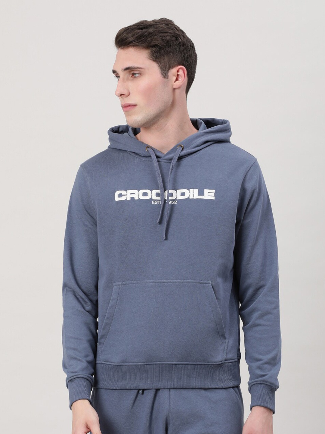 

Crocodile Brand Logo Printed Hooded Cotton Sweatshirt, Blue