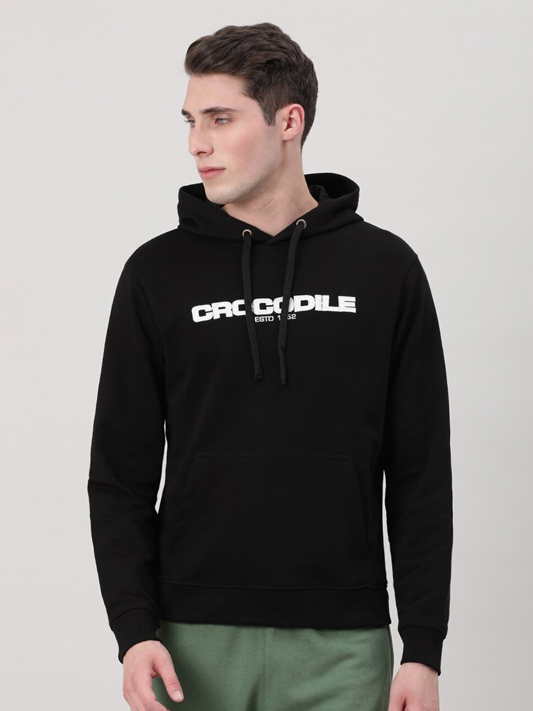 

Crocodile Brand Logo Printed Hooded Cotton Sweatshirt, Black