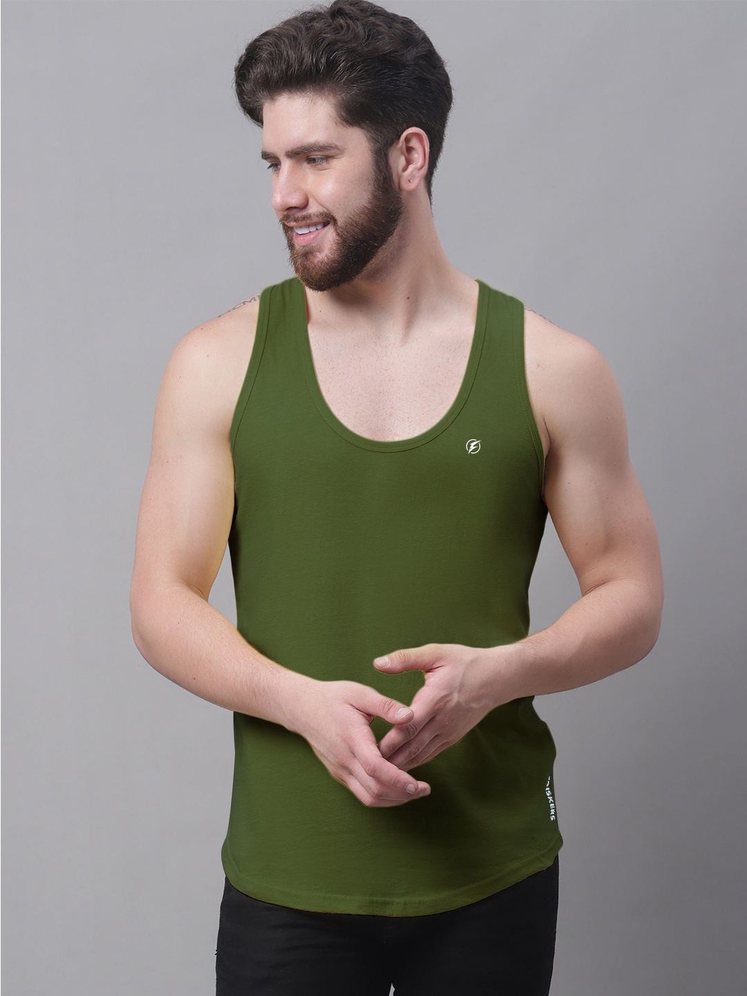 

Friskers Round Neck Pure Cotton Skin Friendly Gym Vests, Olive