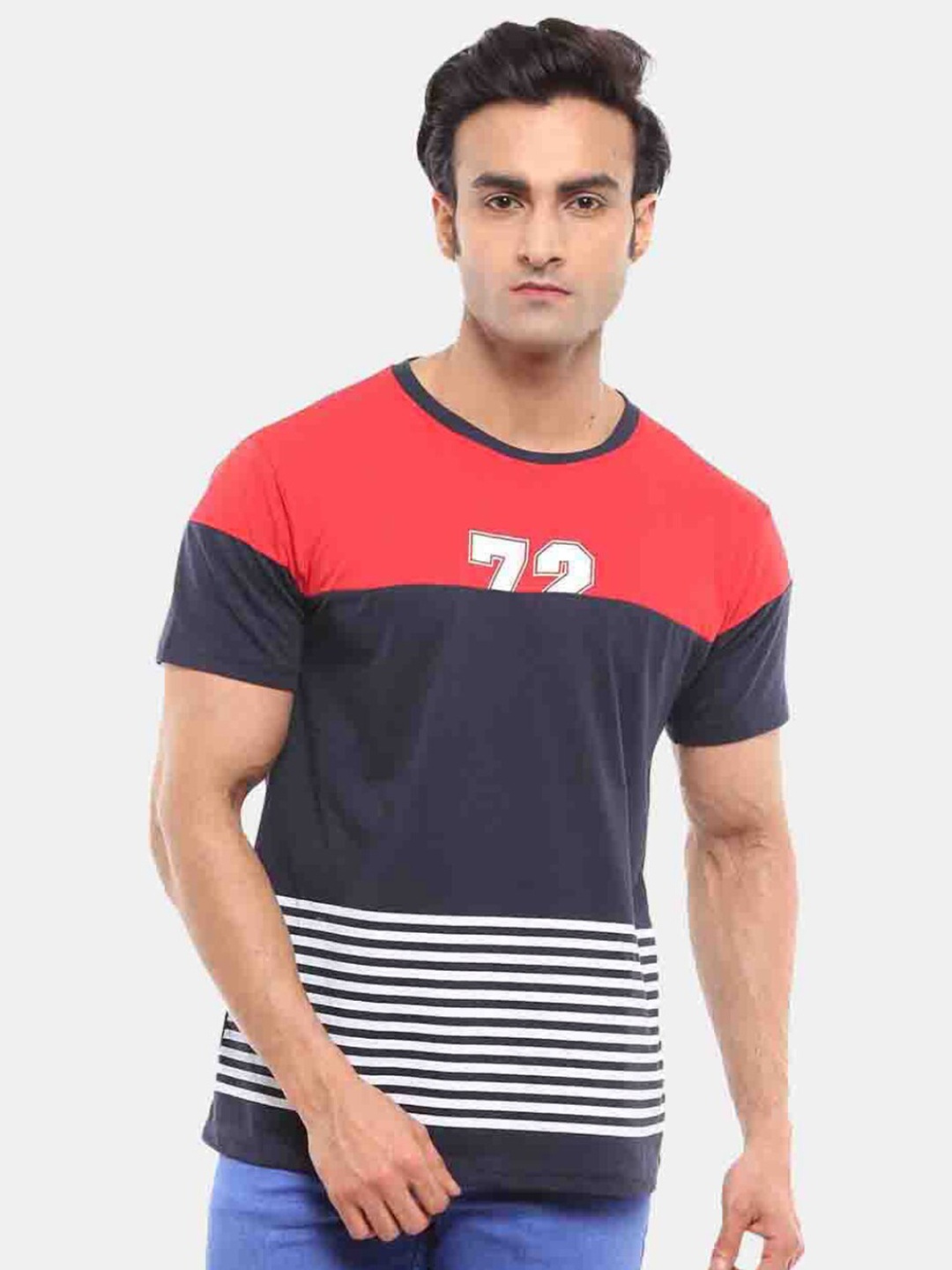 

V-Mart Colourblocked Cotton Slim Fit T-shirt, Navy blue