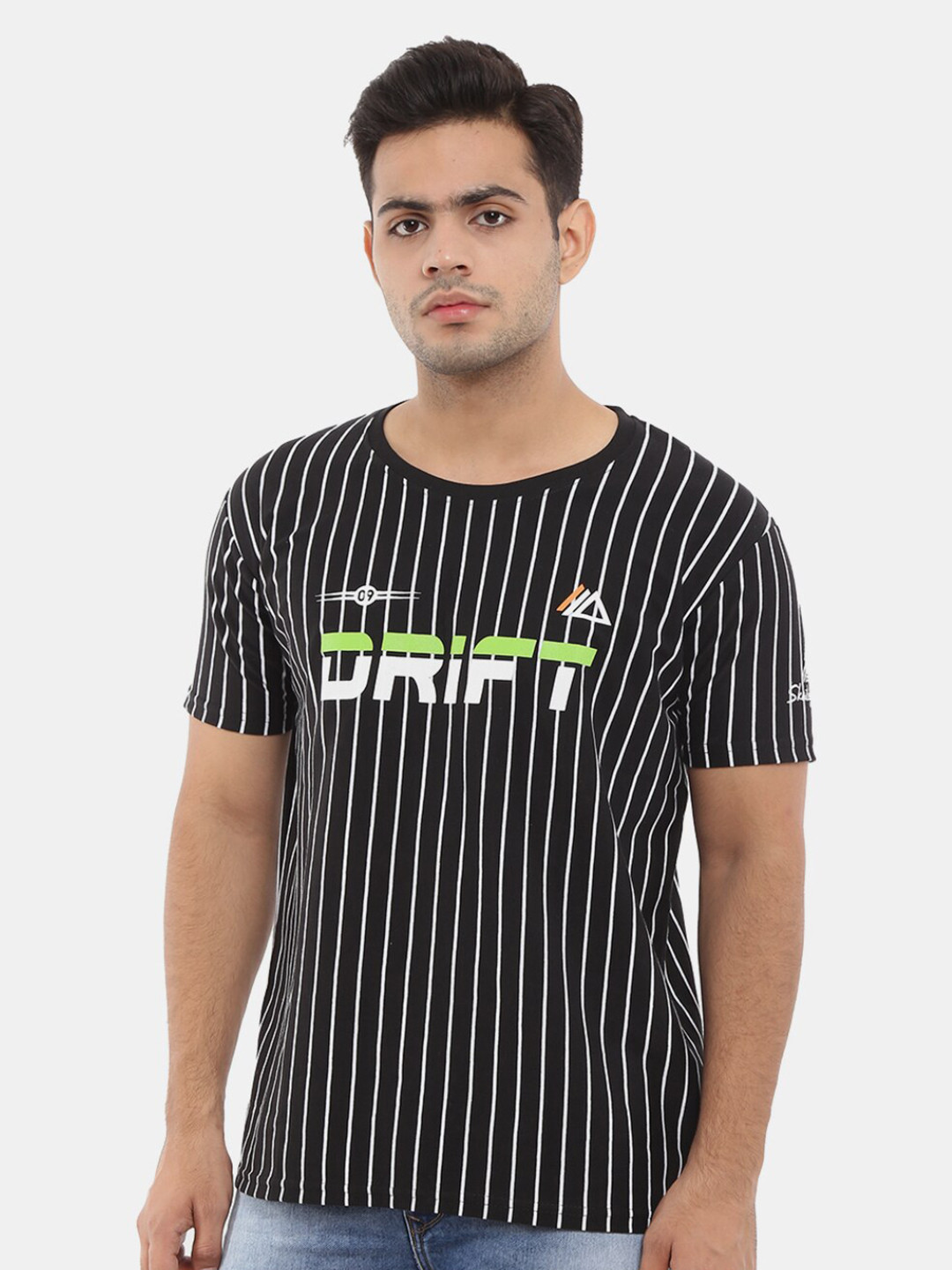 

V-Mart Striped Typography Round Neck Cotton T-shirt, Black