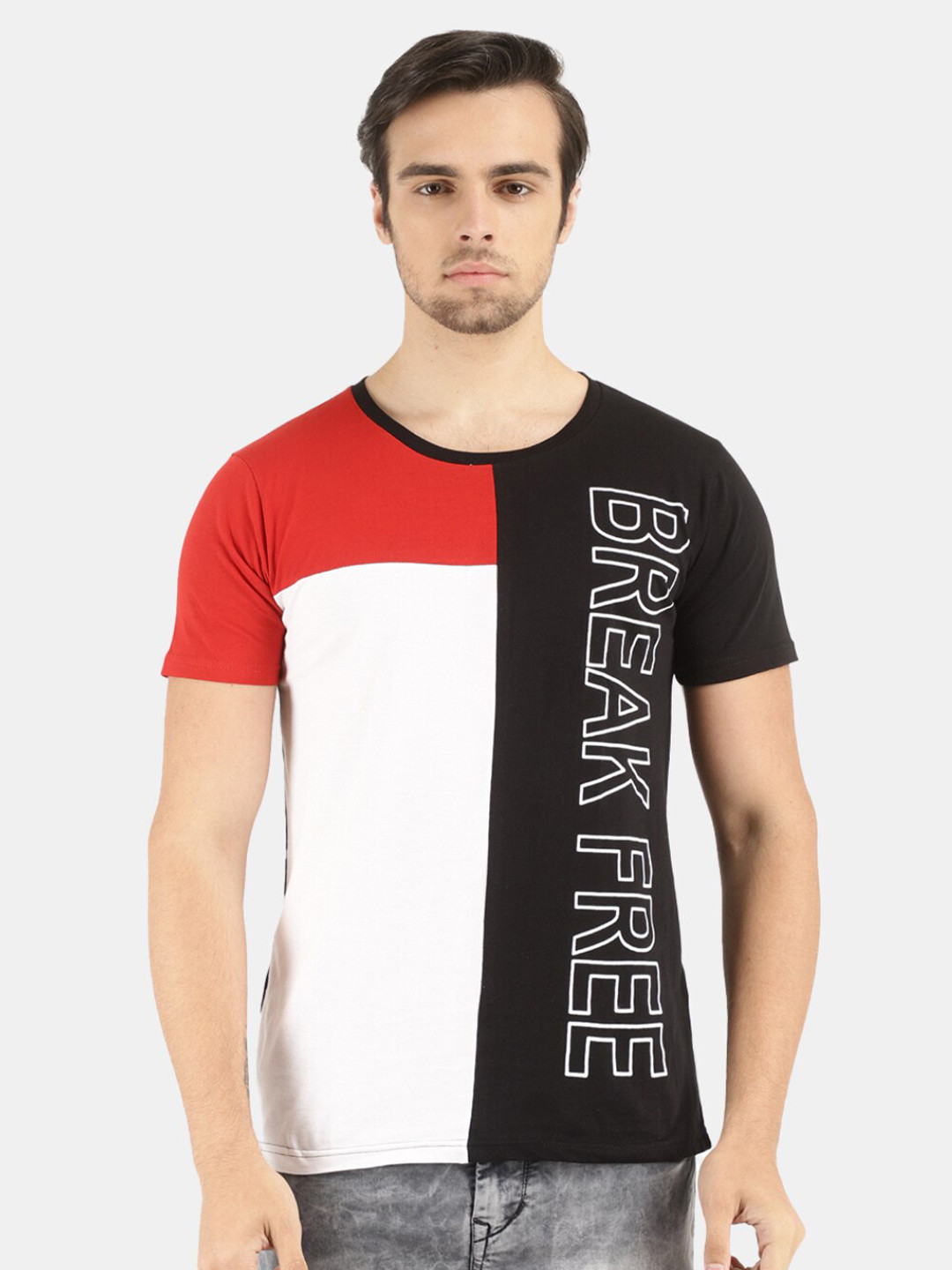 

V-Mart Colourblocked Cotton Slim Fit T-shirt, Black