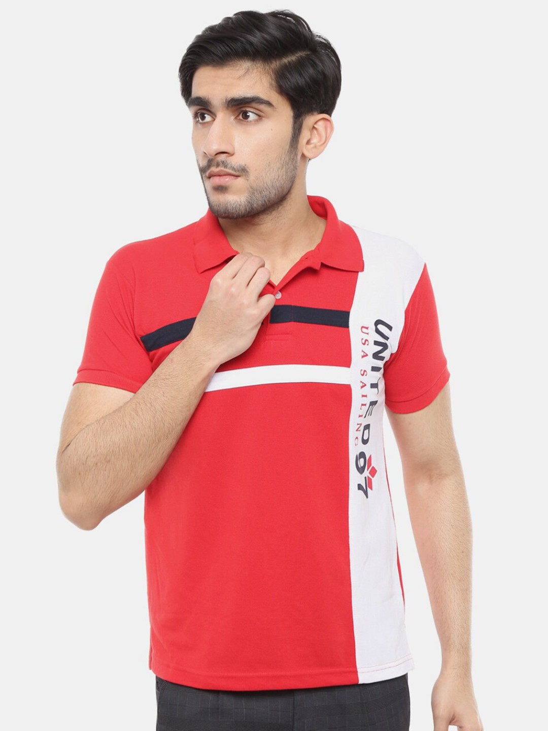 

V-Mart Colourblocked Polo Collar Cotton T-shirt, Red
