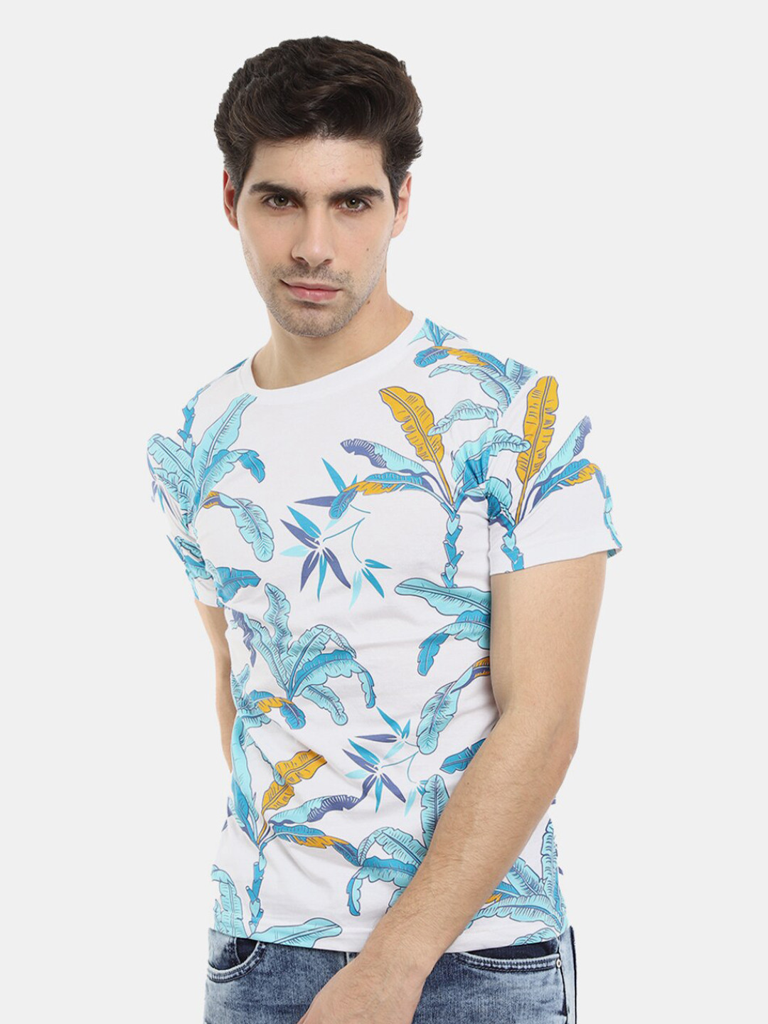 

V-Mart Floral Printed Slim Fit Cotton T-shirt, White