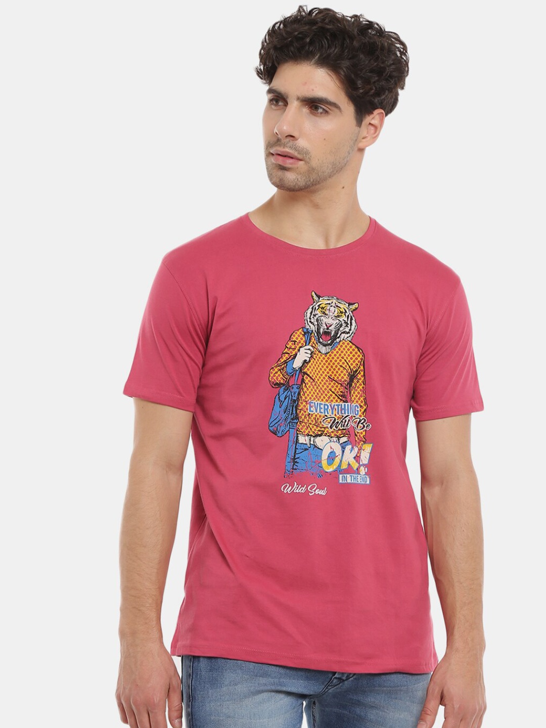

V-Mart Graphic Printed Round Neck Cotton T-shirt, Coral