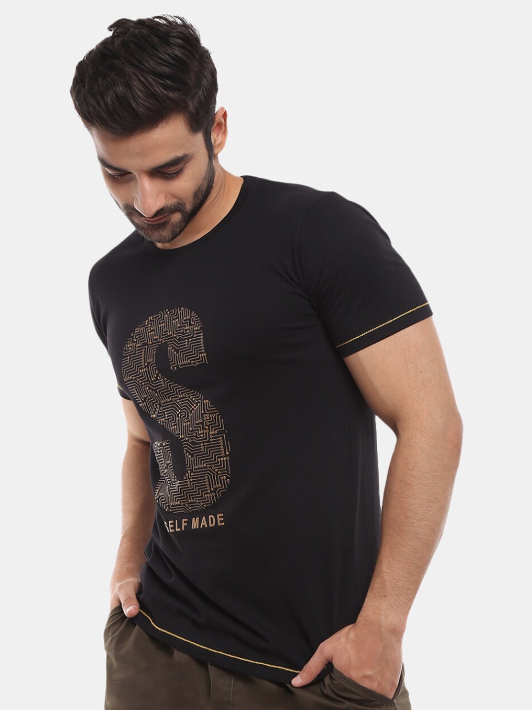 

V-Mart Typography Printed Cotton T-shirt, Black