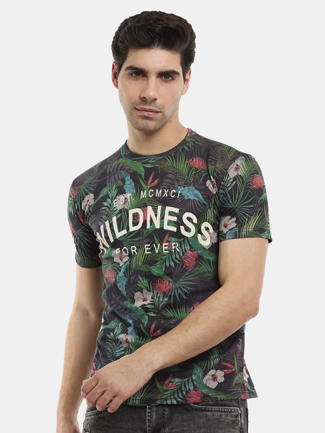 

V-Mart Tropical Printed Cotton Slim Fit T-shirt, Charcoal