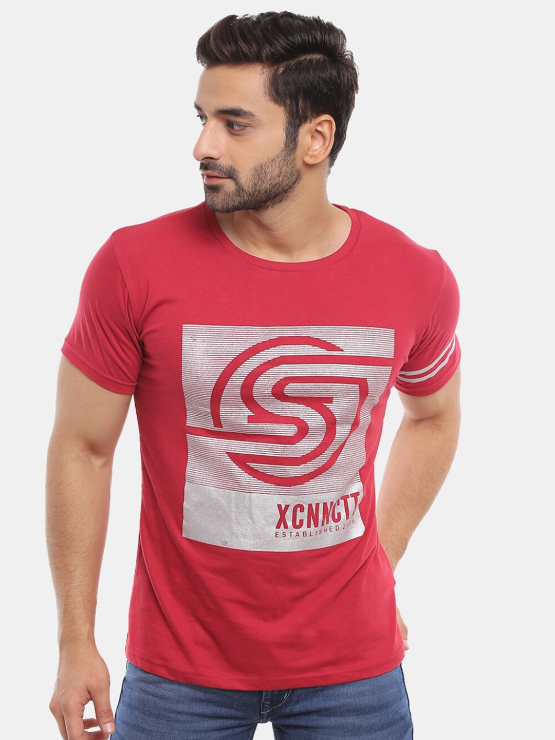 

V-Mart Typography Printed Cotton Slim Fit T-shirt, Red