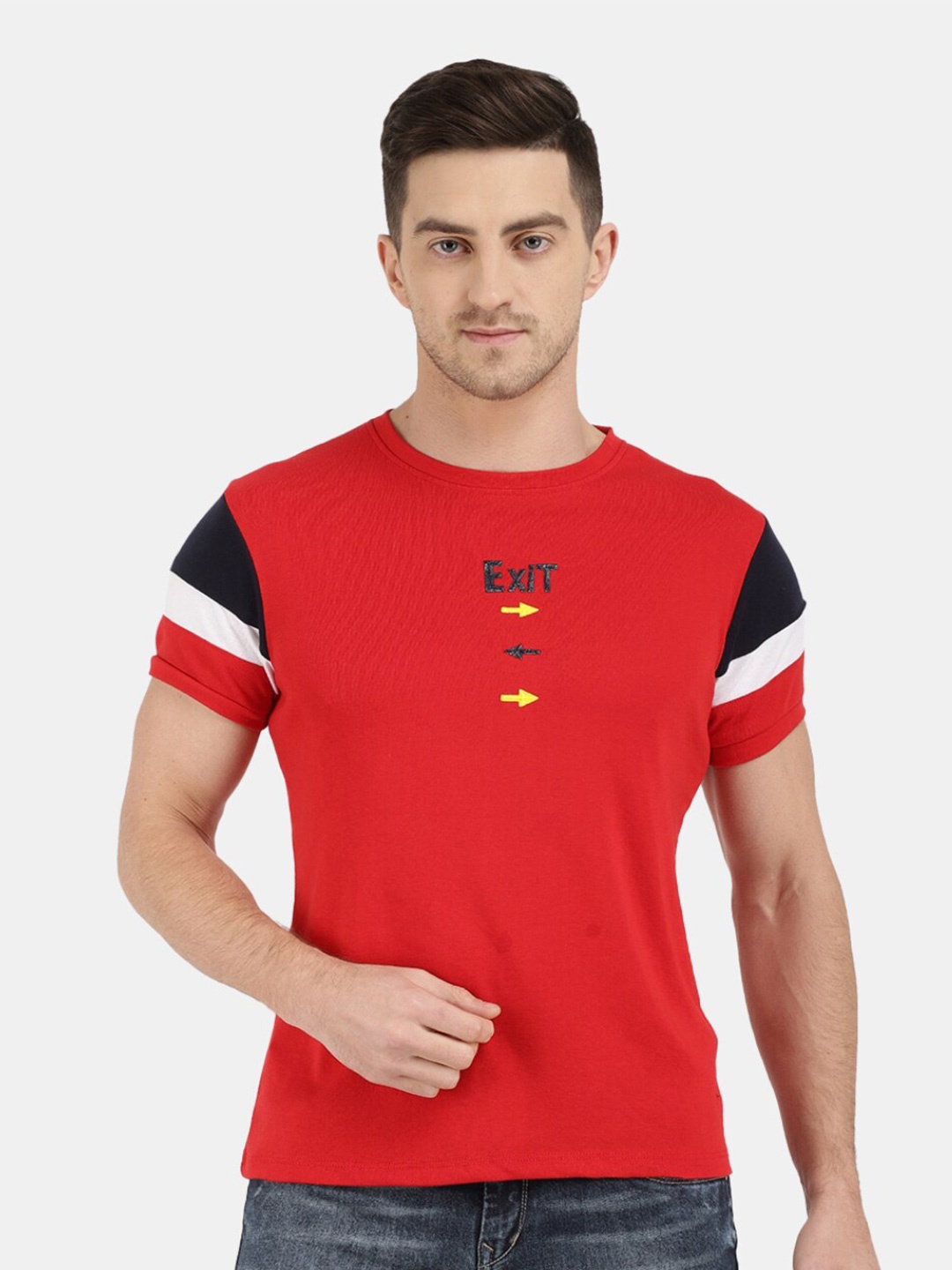 

V-Mart Colourblocked Round Neck Cotton Slim Fit T-shirt, Red