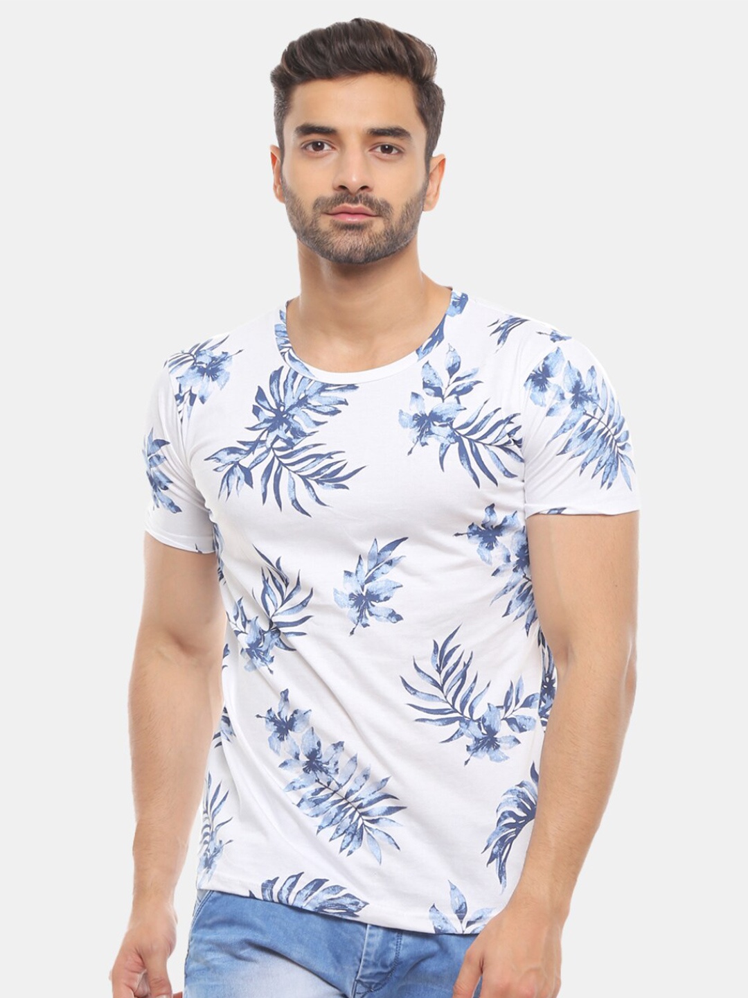 

V-Mart Tropical Printed Round Neck Cotton Slim Fit T-shirt, White