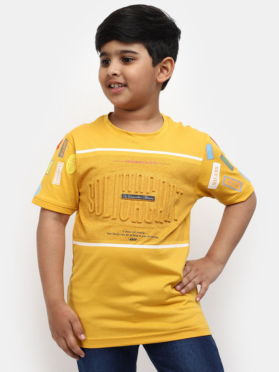

V-Mart Boys Typography Embossed Cotton T-shirt, Mustard